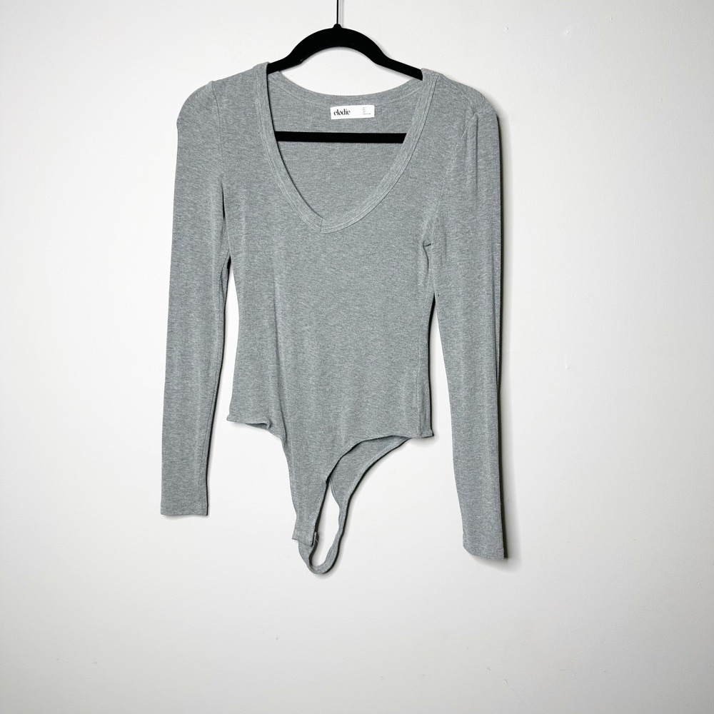 Elodie Thong Bodysuit Women Small Gray Long Sleeve Ribbed V-Neck Stretch